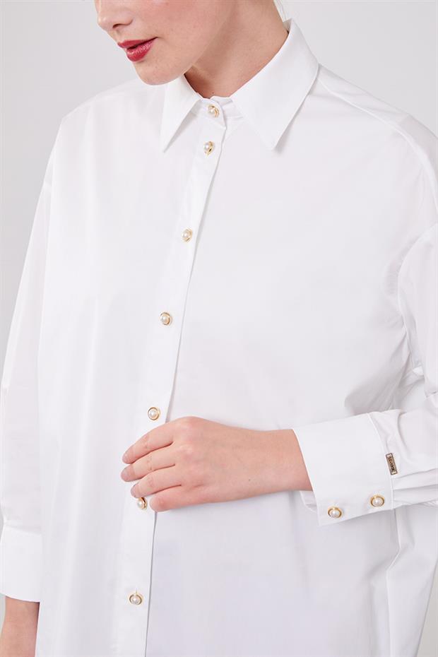 Ekru Düğme Detaylı Gömlek