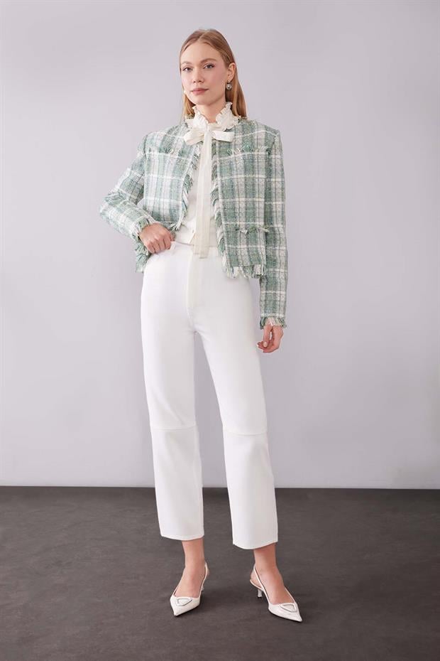 Ekru Ekleme Tasarımlı Düz Paça Pantolon