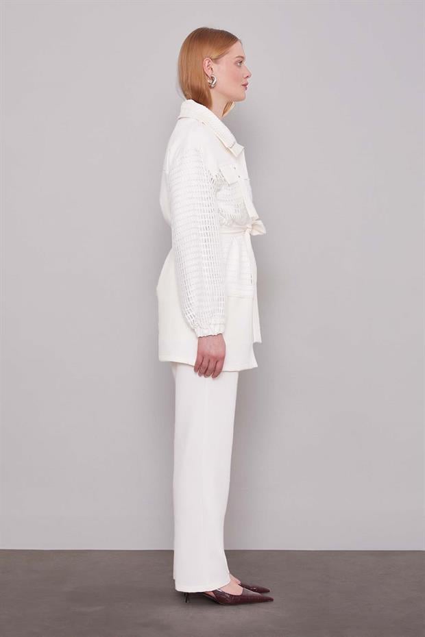 Ekru File Detaylı Belden Bağlamalı İkili Takım