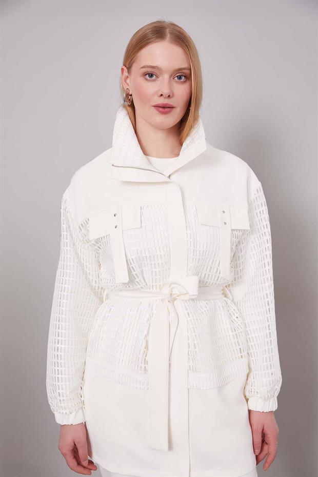 Ekru File Detaylı Belden Bağlamalı İkili Takım