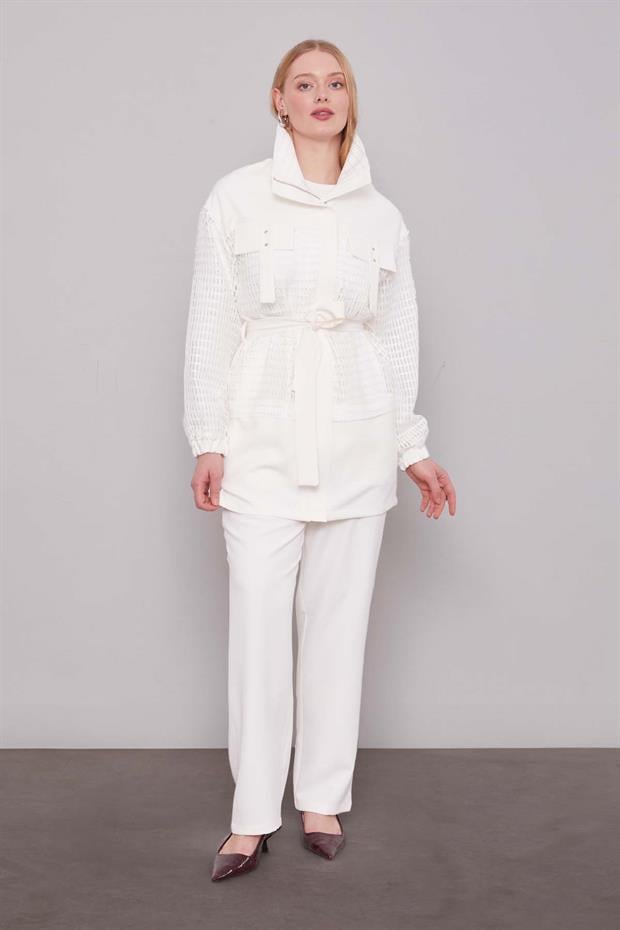 Ekru File Detaylı Belden Bağlamalı İkili Takım