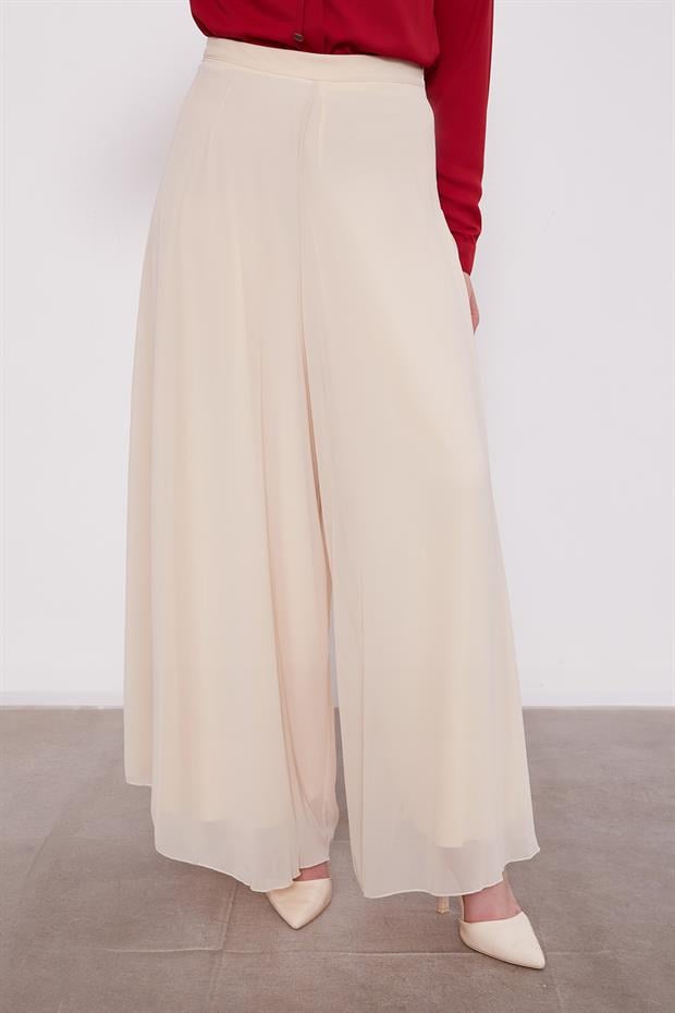 Ekru Geniş Paçalı Şifon Pantolon