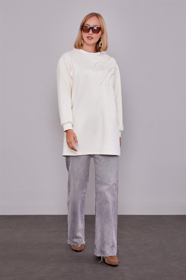 Ekru İnci Detaylı Sweatshirt