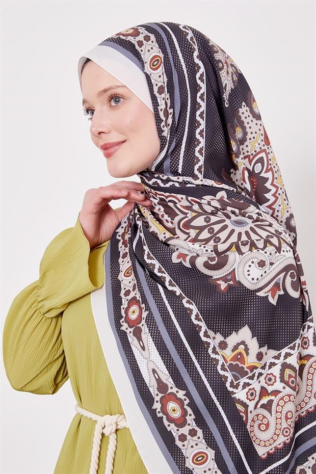 Ekru Kenar Benek Desen Hint İpeği Şal