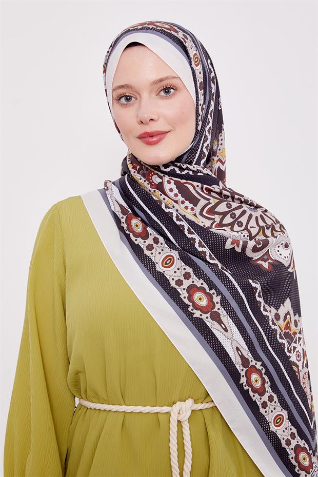 Ekru Kenar Benek Desen Hint İpeği Şal