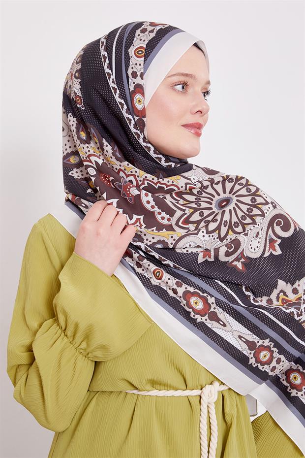 Ekru Kenar Benek Desen Hint İpeği Şal