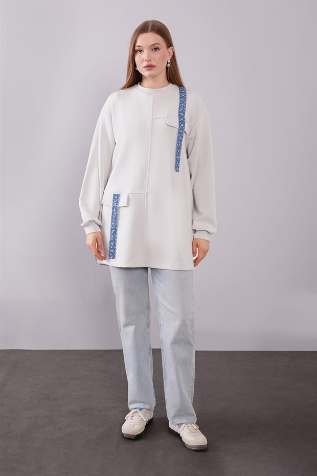 Ekru Kot Şerit Detaylı Sweat