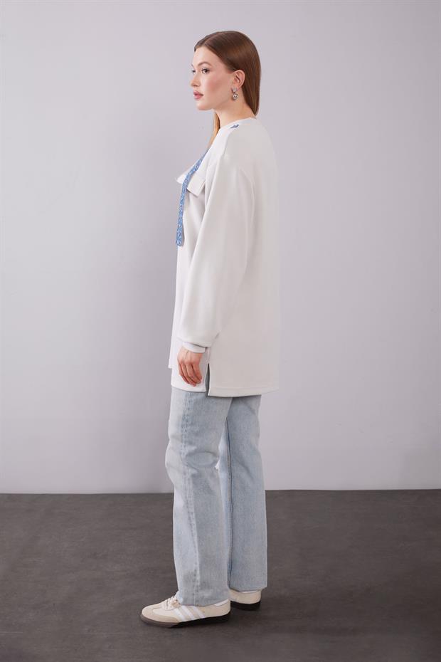 Ekru Kot Şerit Detaylı Sweat