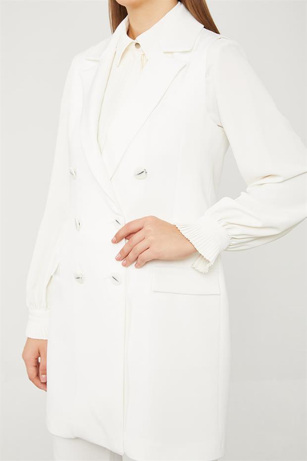 Ekru Kruvaze Kesim Yelek Pantolon Takım