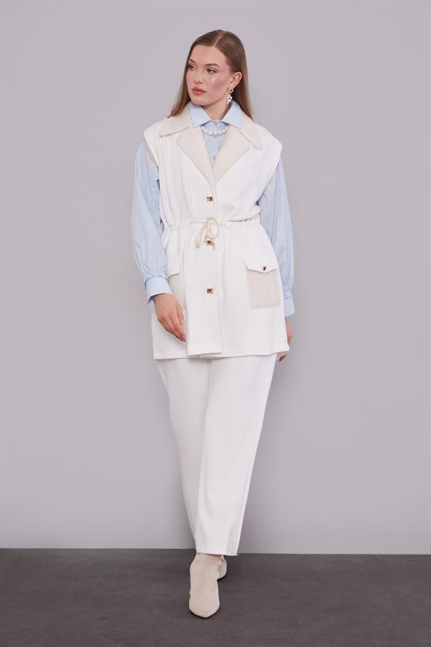 Ekru Kürk Yaka Detaylı Yelek Takım