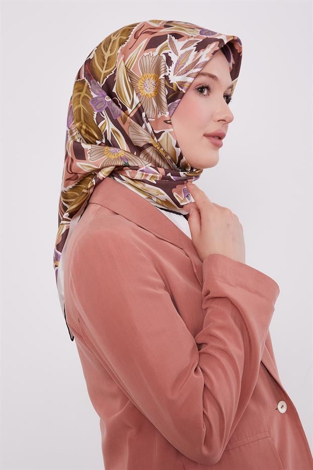 Ekru Petunya Desen Twill İpek Eşarp