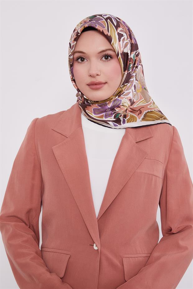 Ekru Petunya Desen Twill İpek Eşarp