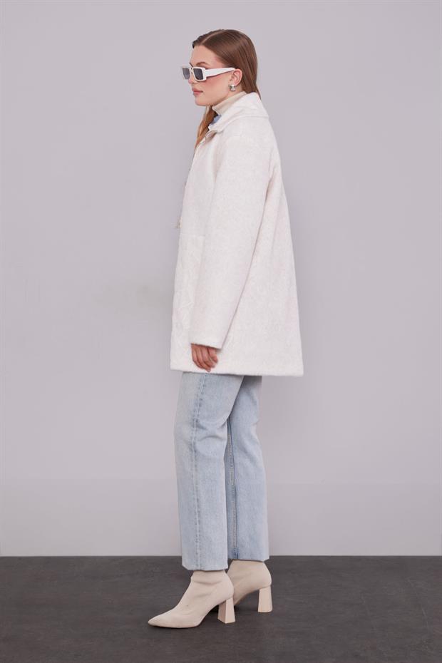 Ekru Pullu Desen Midi Kaban