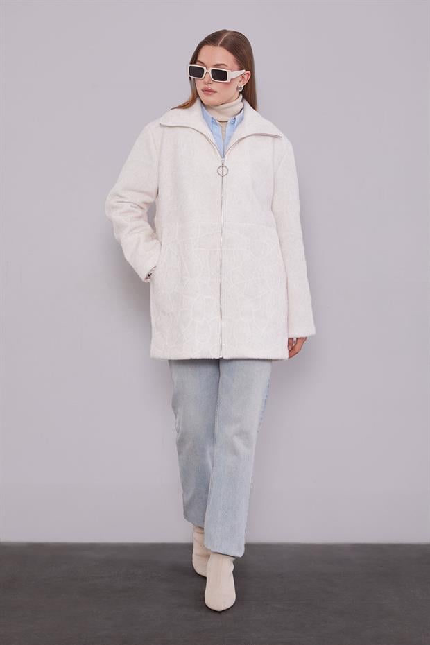 Ekru Pullu Desen Midi Kaban