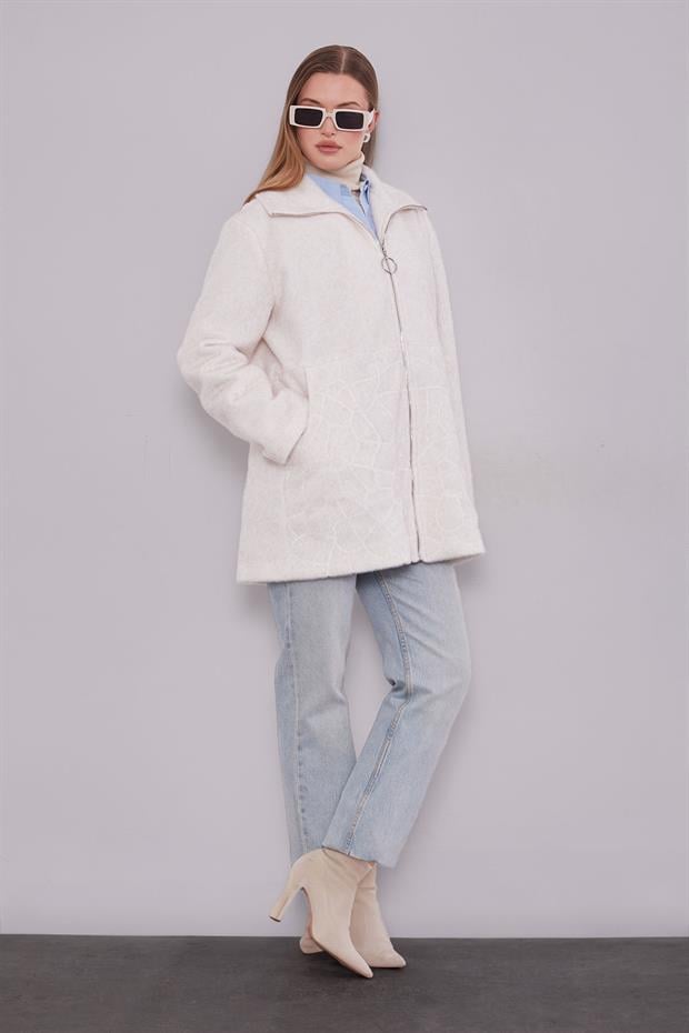 Ekru Pullu Desen Midi Kaban