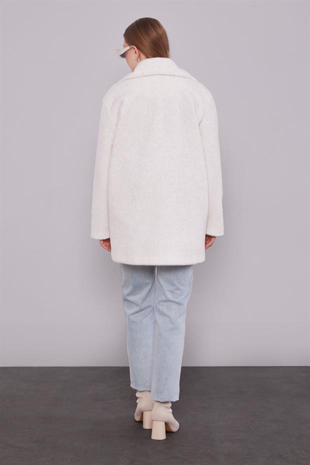 Ekru Pullu Desen Midi Kaban