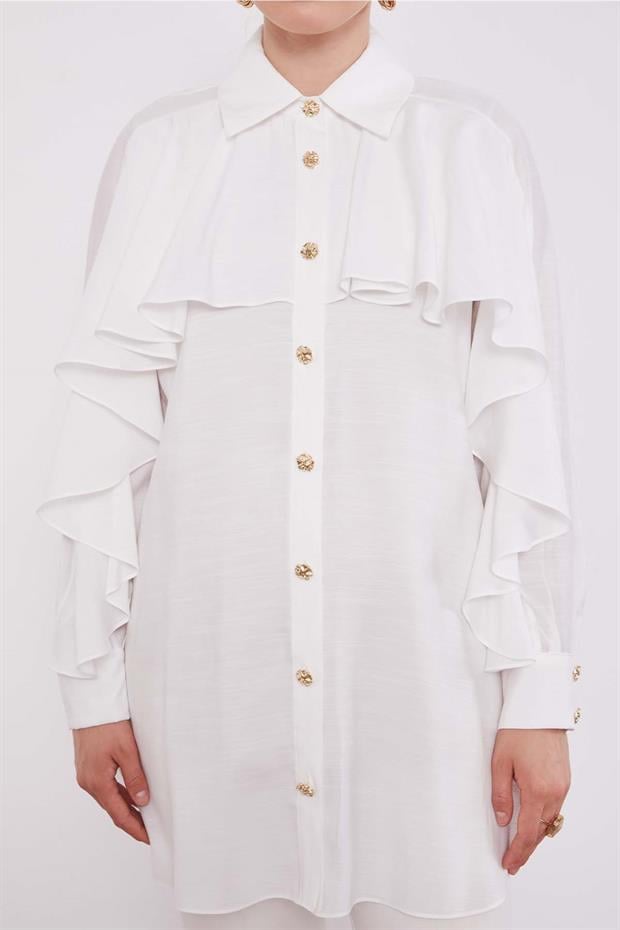 Ekru Volan Detay Düğmeli Gömlek