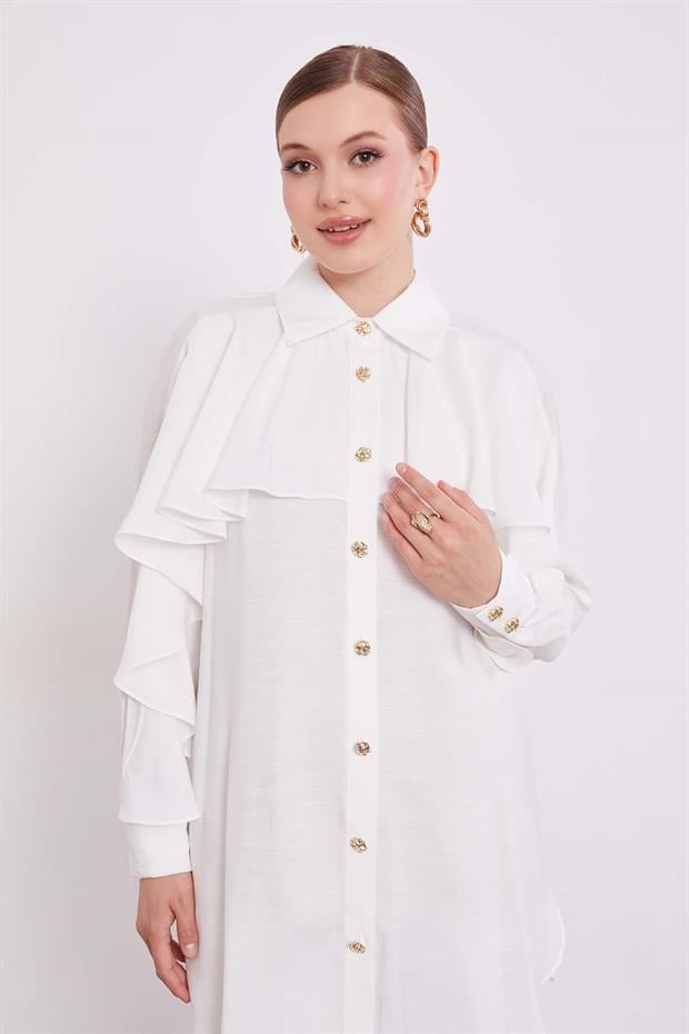 Ekru Volan Detay Düğmeli Gömlek