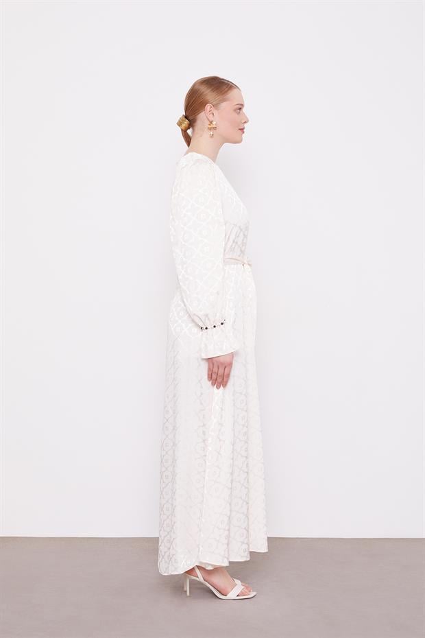 Ekru Yonca Desen Elbise