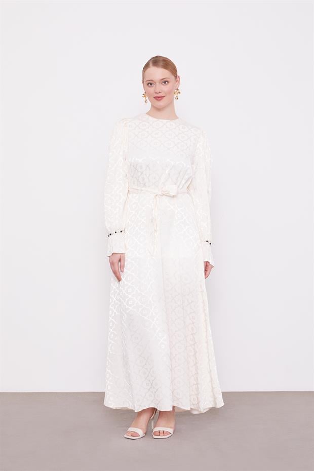 Ekru Yonca Desen Elbise