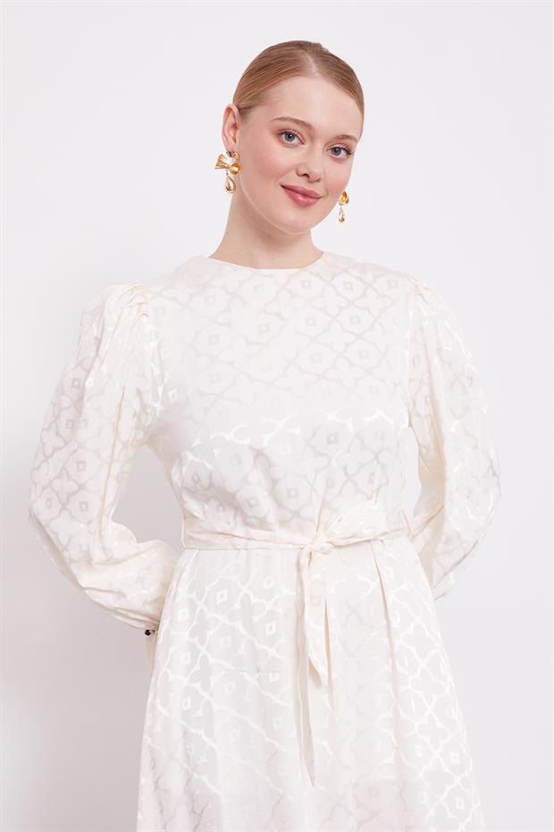 Ekru Yonca Desen Elbise