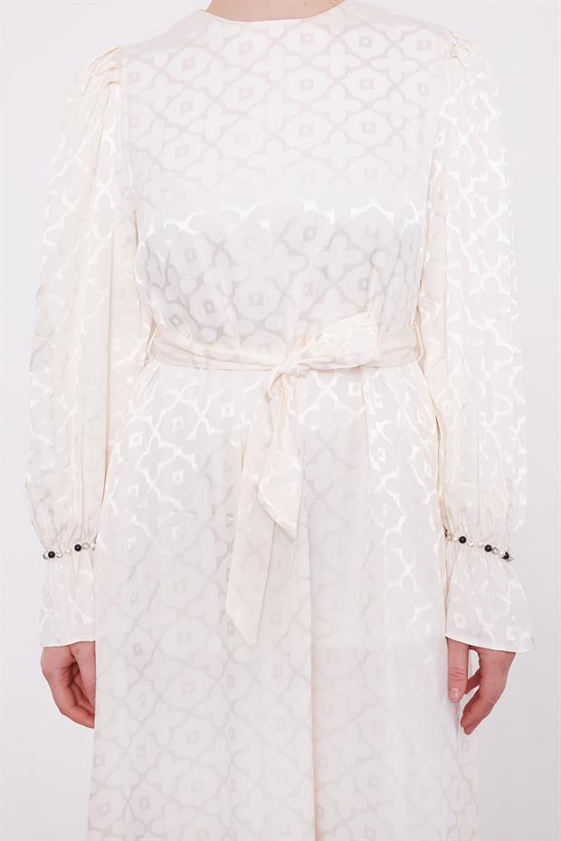 Ekru Yonca Desen Elbise