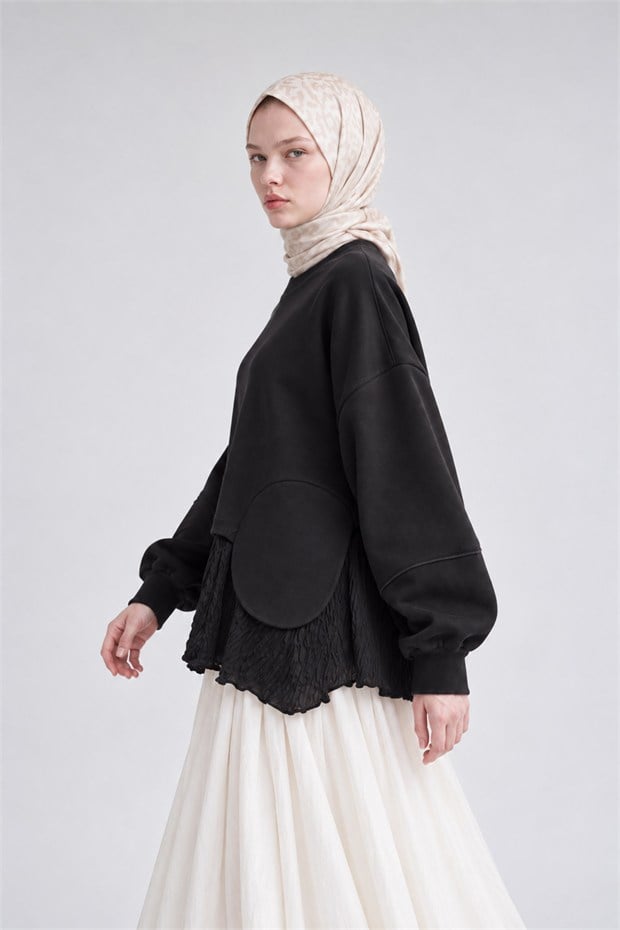 Eteği Büzgülü Katmanlı Sweatshirt Siyah