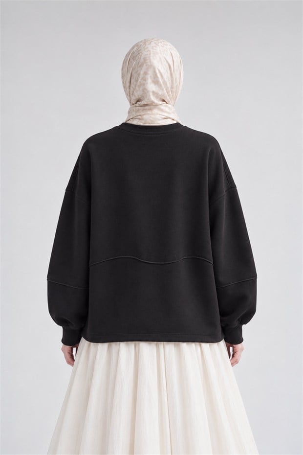 Eteği Büzgülü Katmanlı Sweatshirt Siyah