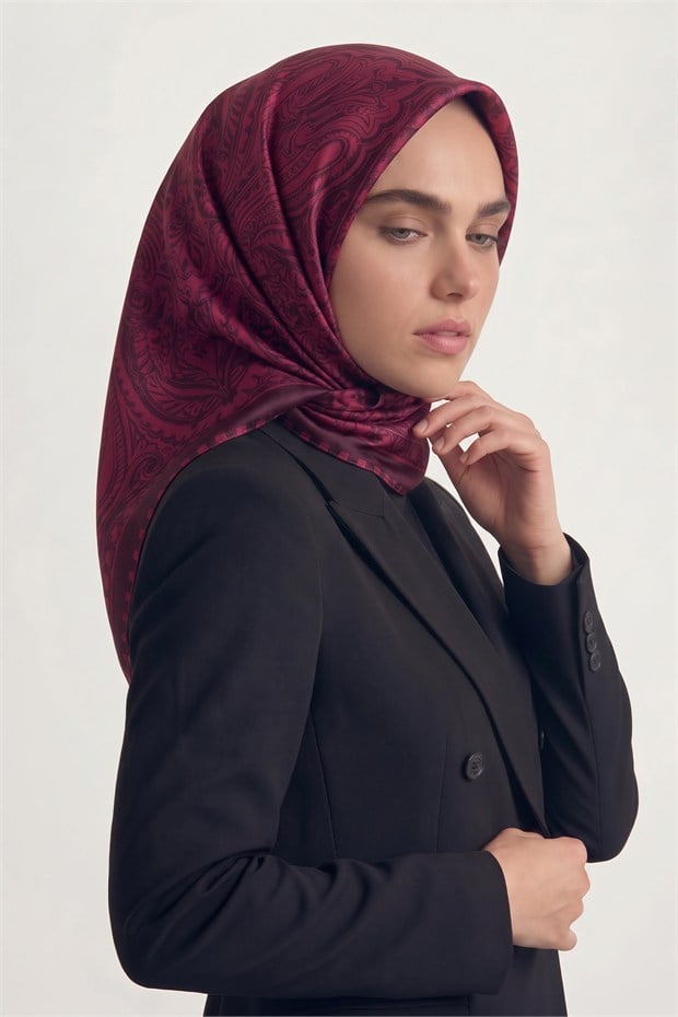 Etnik Desen Twill İpek Eşarp Bordo