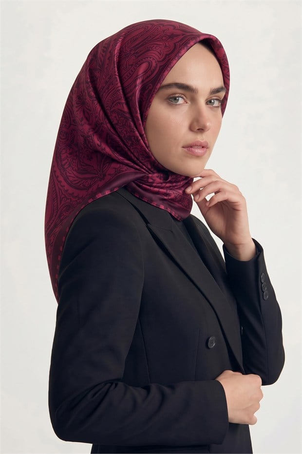 Etnik Desen Twill İpek Eşarp Bordo