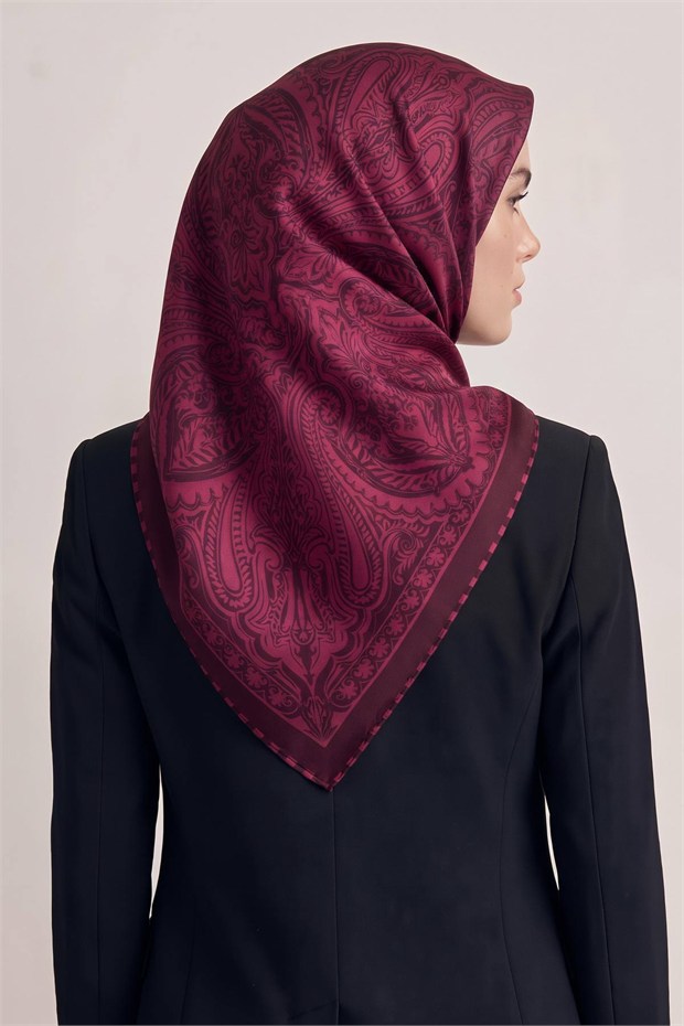 Etnik Desen Twill İpek Eşarp Bordo