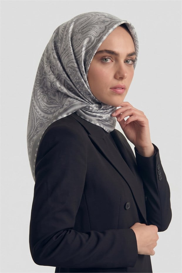 Etnik Desen Twill İpek Eşarp Gri