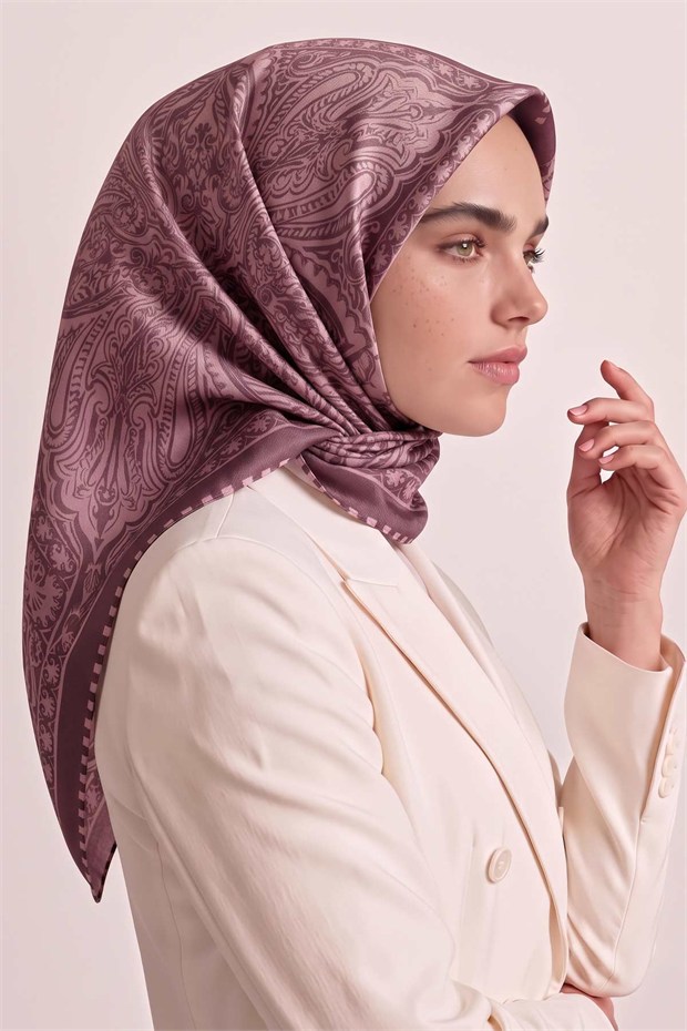 Etnik Desen Twill İpek Eşarp Gül Kurusu