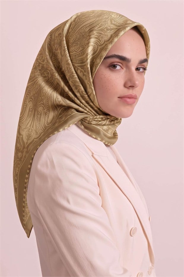 Etnik Desen Twill İpek Eşarp Sarı