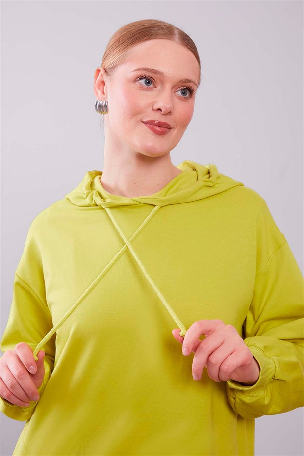 Fıstık Yeşili Kapüşonlu Gizli Cepli Uzun Sweat