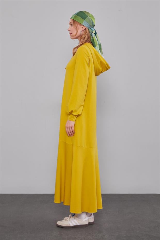 Fıstık Yeşili Kapuşonlu Gizli Cep Detaylı Elbise