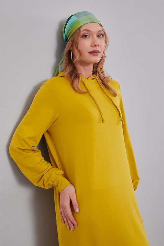 Fıstık Yeşili Kapuşonlu Gizli Cep Detaylı Elbise