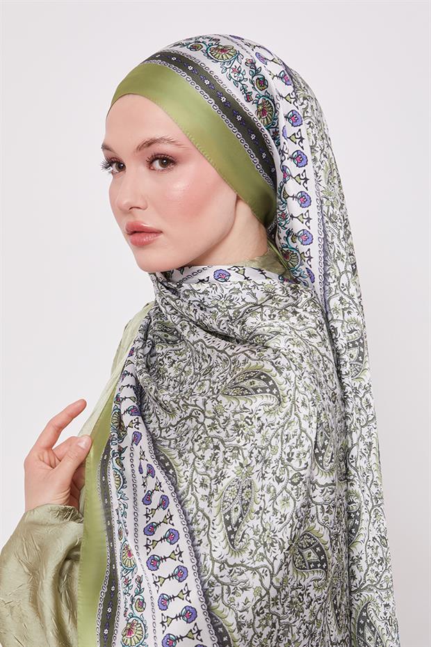 Fıstık Yeşili Mini Çiçek Hint İpeği Şal