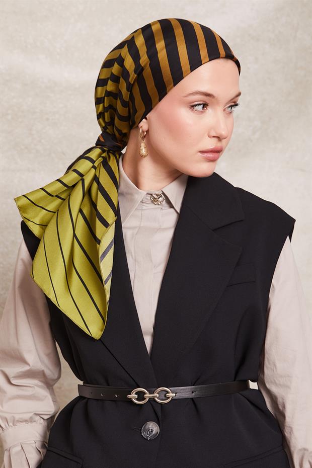 Fıstık Yeşili Şerit Desenli Twill İpek Eşarp