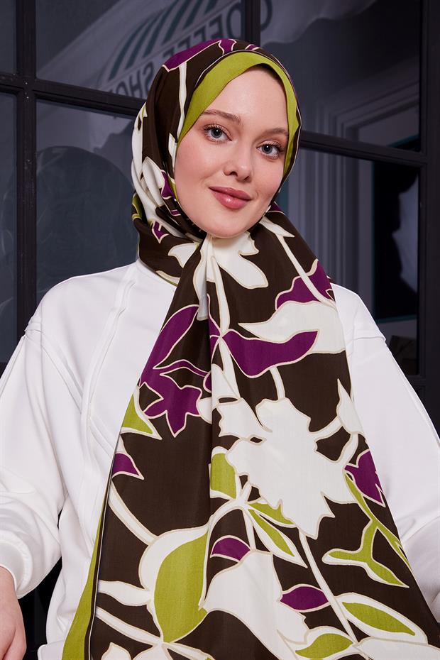 Fıstık Yeşili Yaprak Desen Royal Şal