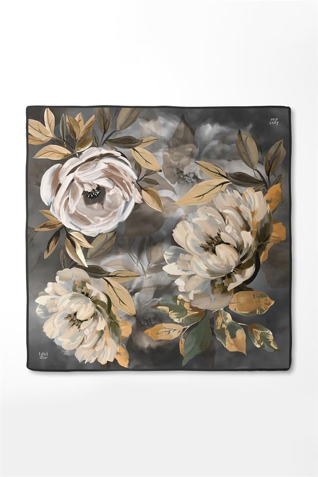 Füme Çiçek Desenli Twill İpek Eşarp