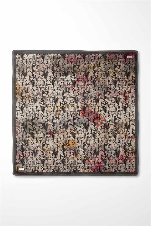 Füme Çiçekli Soyut Desen Twill İpek Eşarp