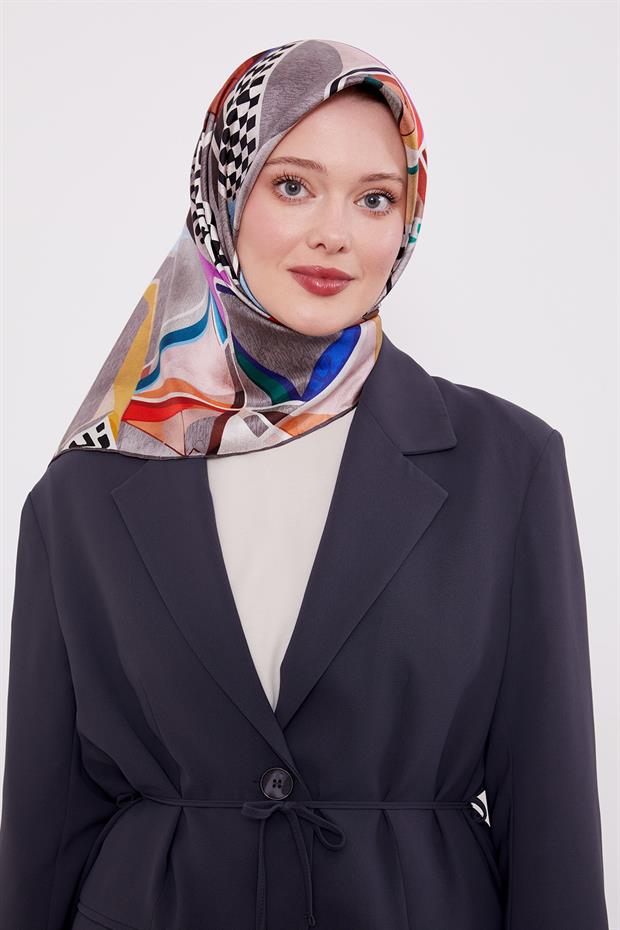 Füme Dama Desen Twill İpek Eşarp