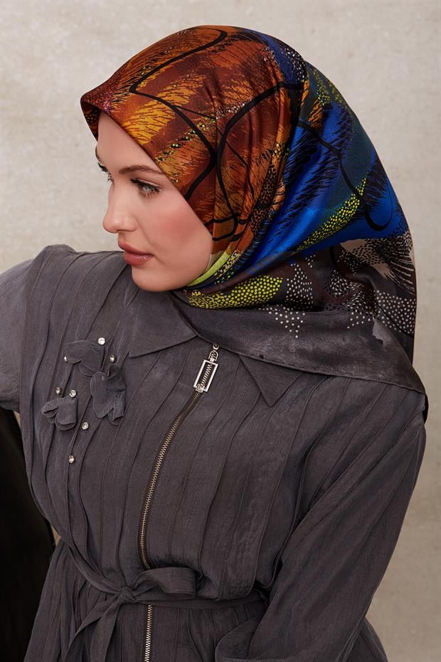 Füme Karışık Benek Desen Twill İpek Eşarp
