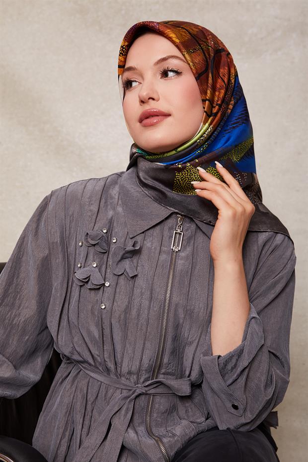 Füme Karışık Benek Desen Twill İpek Eşarp