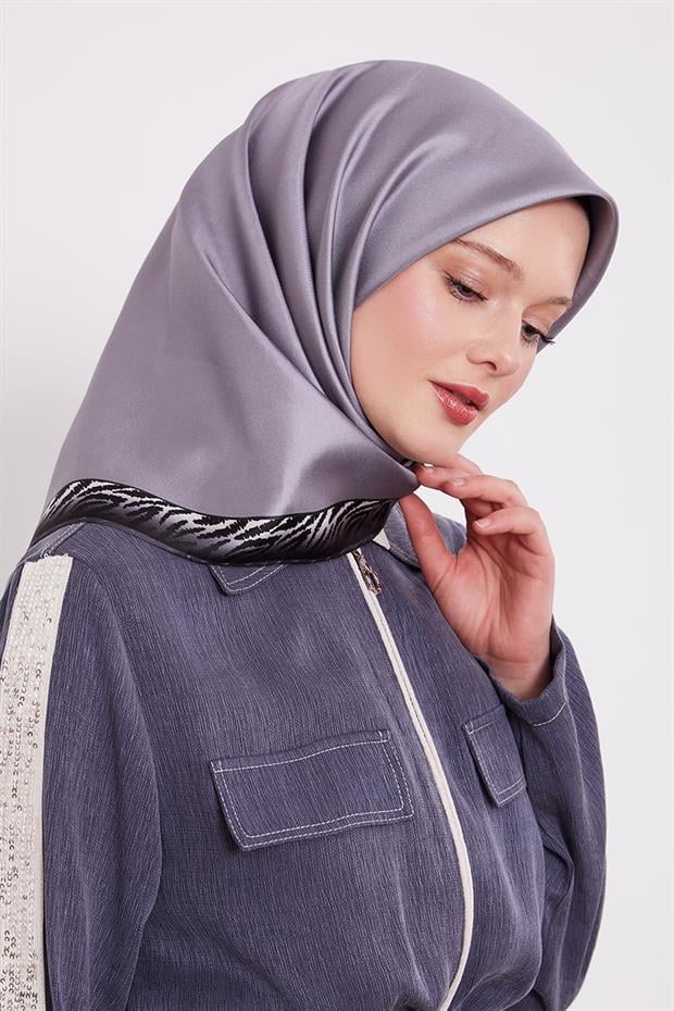 Füme Kenar Leopar Desen Twill İpek Eşarp