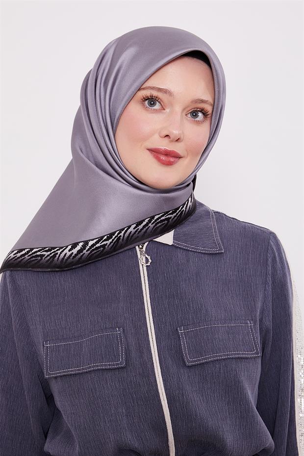 Füme Kenar Leopar Desen Twill İpek Eşarp