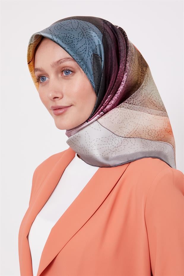 Füme Kesik Çiçek Desen Twill İpek Eşarp