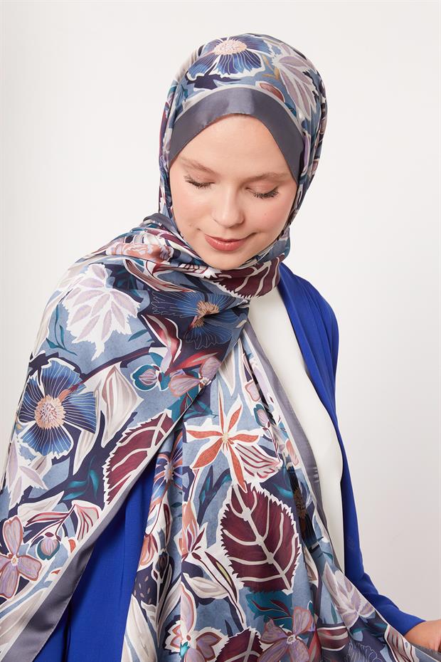 Füme Petunya Desen Hint İpeği Şal