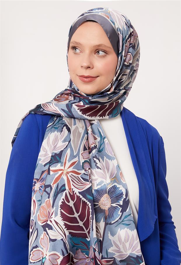 Füme Petunya Desen Hint İpeği Şal